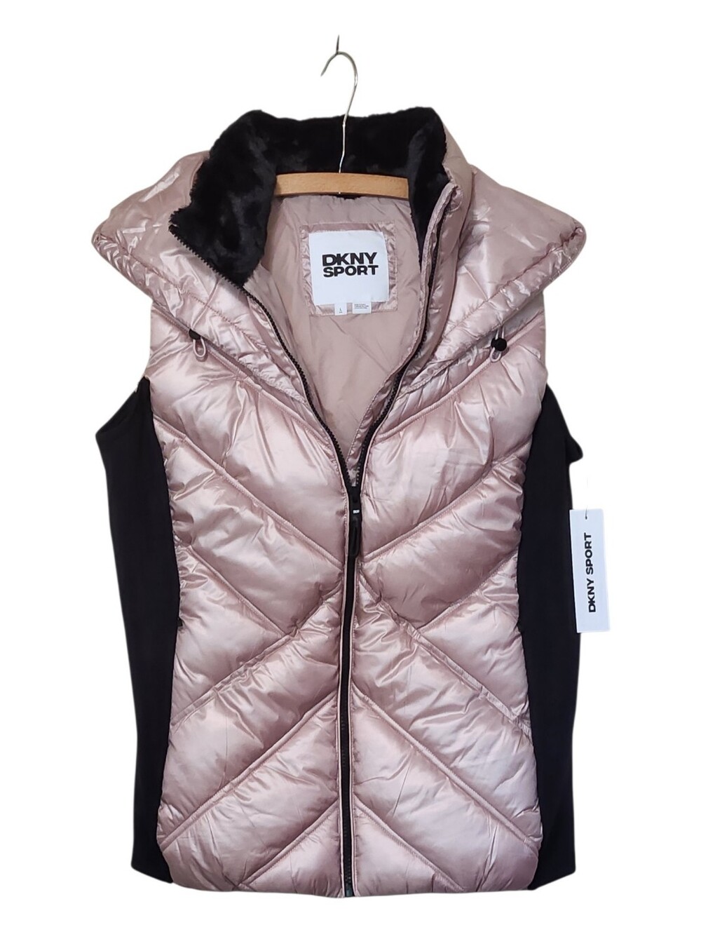 DKNY Sport Rose Metallic Hooded Fur Puffer Vest Size Large